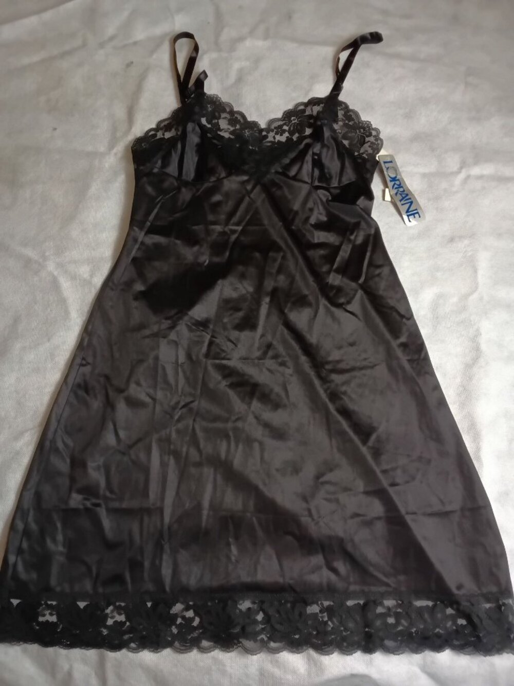 NOS Vintage Lorraine Lingerie SZ 36 Black Full Slip Dress Lace Trim